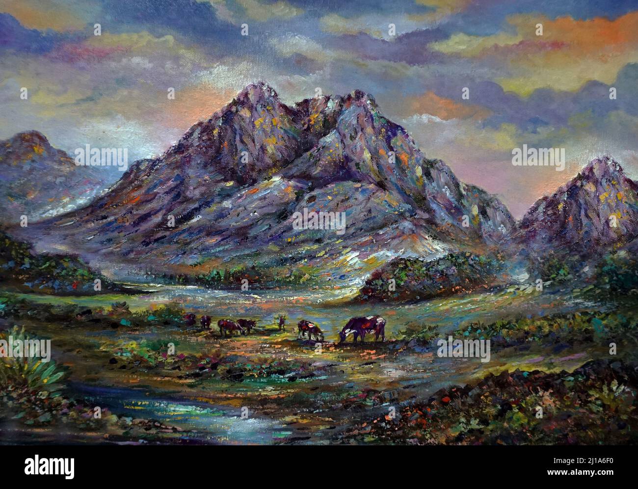 Arte pittura colore olio montagna rocciosa e alberi sfondo campagna dalla thailandia Foto Stock