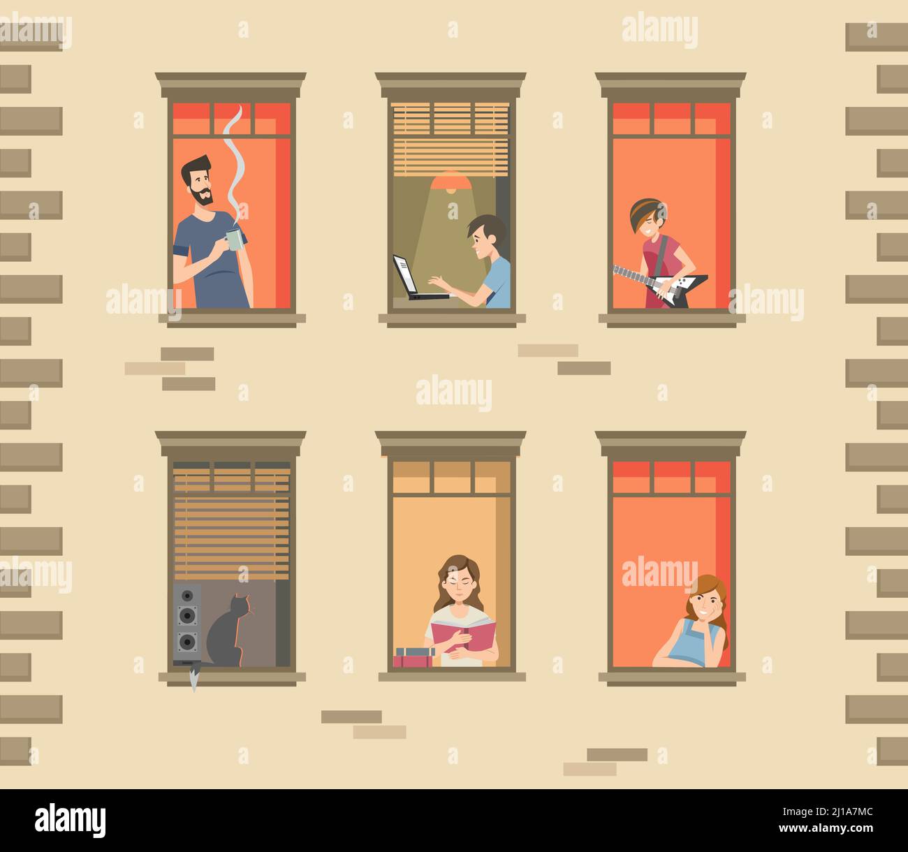 Facciata dell'edificio dell'appartamento con gente vicina e gatti in finestre aperte. Uomini e donne che bevono caffè, leggendo, parlando. Illustrazione vettoriale per stay Illustrazione Vettoriale