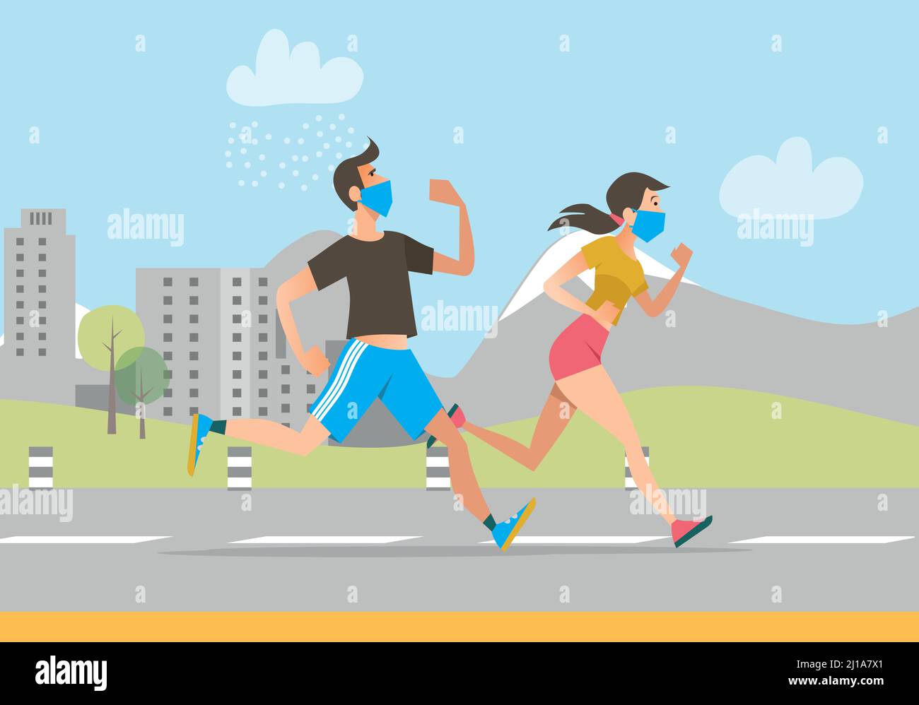 Persone attive in maschere facciali che corrono all'aperto. Uomo e donna che jogging durante l'epidemia di coronavirus. Illustrazione vettoriale per fitness, esercizio fisico, epidemia Illustrazione Vettoriale