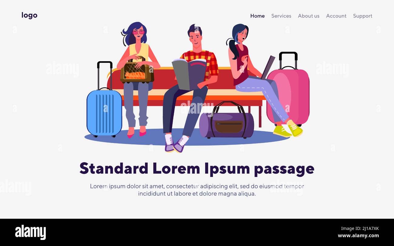 Passeggeri in aeroporto. Uomo e donna con valigie seduta su panca piatta illustrazione vettoriale. Turismo, viaggio, concetto di attesa per banner, sito web des Illustrazione Vettoriale