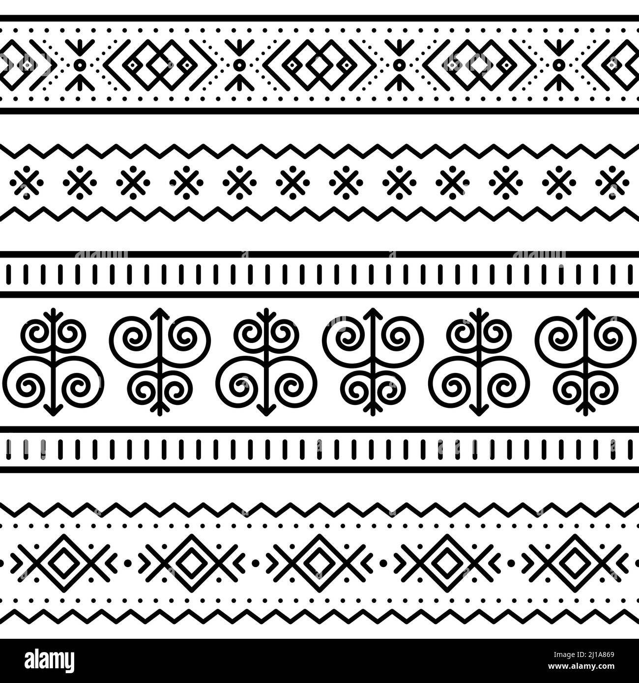 Slovacco tribale folk art vettoriale senza giunture geometrico lungo orizzontale set, zig-zag, vortici, punti e sfondo astratto Illustrazione Vettoriale