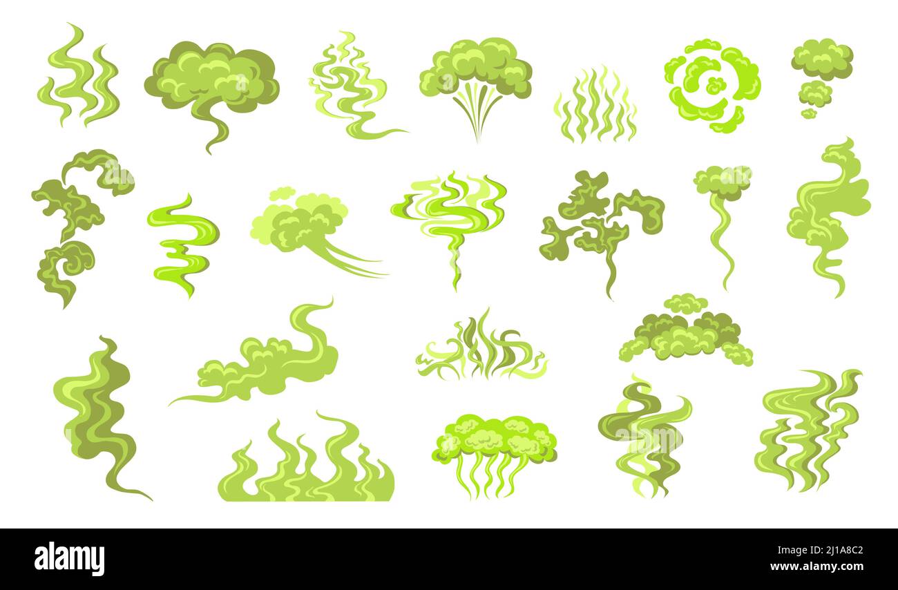 Kit di icone piatte per fumi odoranti. Cartoon cattivo odore nube, verde odore stinky e sporco tossico vapore vettore illustrazione set. Annusare il respiro e puzzare la freccetta ste Illustrazione Vettoriale