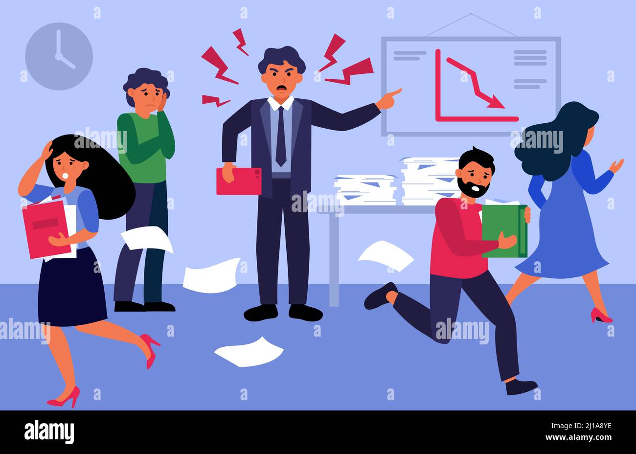 Boss arrabbiato gridando a persone in ufficio flat vettore illustrazione. I dipendenti di Cartoon lavorano in fretta, panico e stress. Caos aziendale e scadenza c Illustrazione Vettoriale