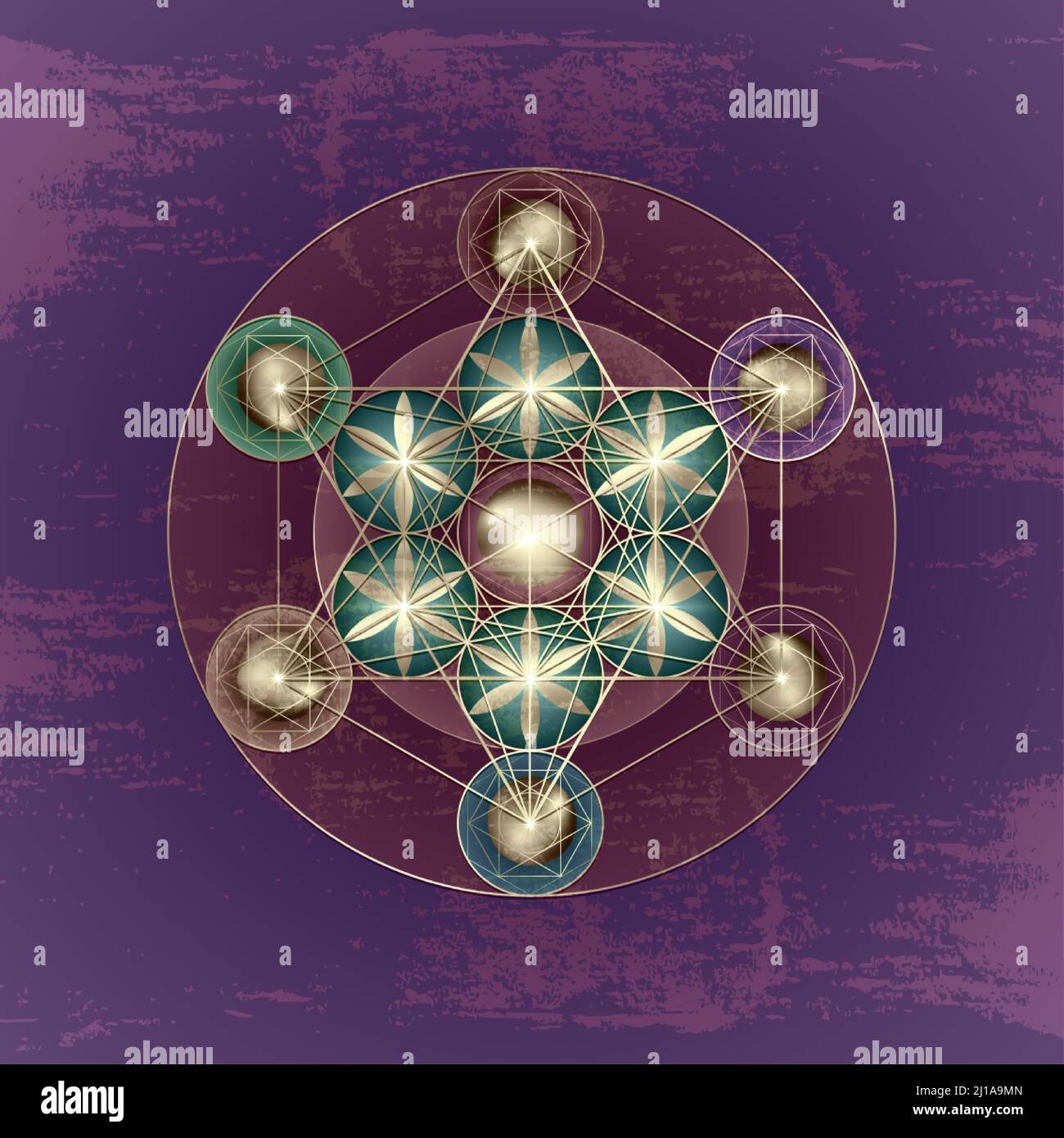Cubo di Metatron, fiore della vita. Geometria sacra d'oro. Vecchio Vintage Mystic icona platonica solidi Merkabah, disegno geometrico colorato cerchi segno Illustrazione Vettoriale