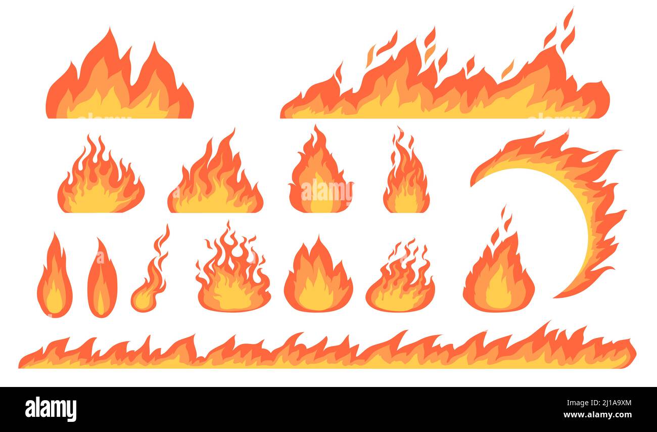 Cartoon fuoco fiamme flat vettore raccolta. Simbolo di accensione della velocità dell'auto dei cartoni animati, silhouette ardenti dei falò, set di illustrazioni con brillantezze calde. Effetti brucianti Illustrazione Vettoriale