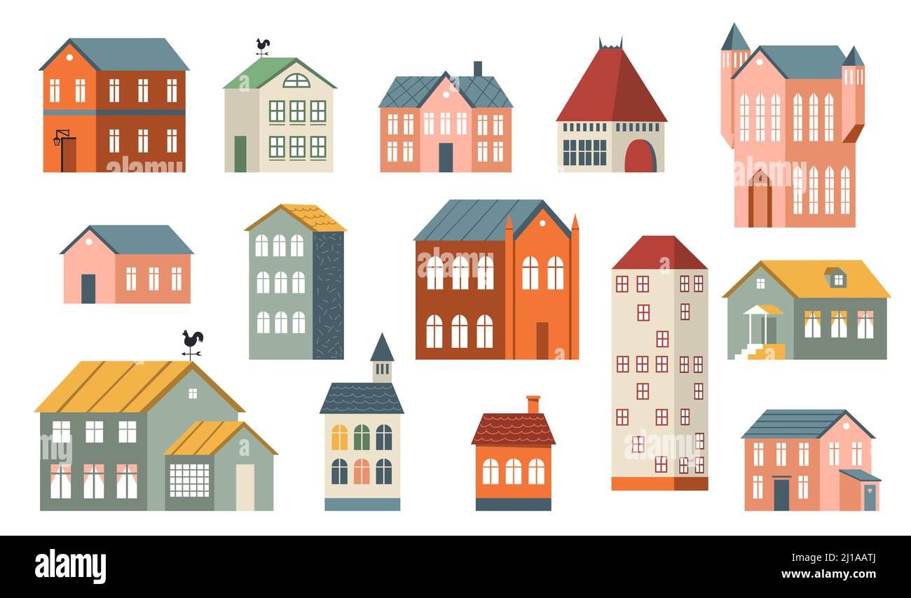 Set di case per famiglie. Edifici suburbani e di campagna, appartamenti e cottage per la vita in villaggio o in città. Può essere utilizzato per immobili, architetture Illustrazione Vettoriale