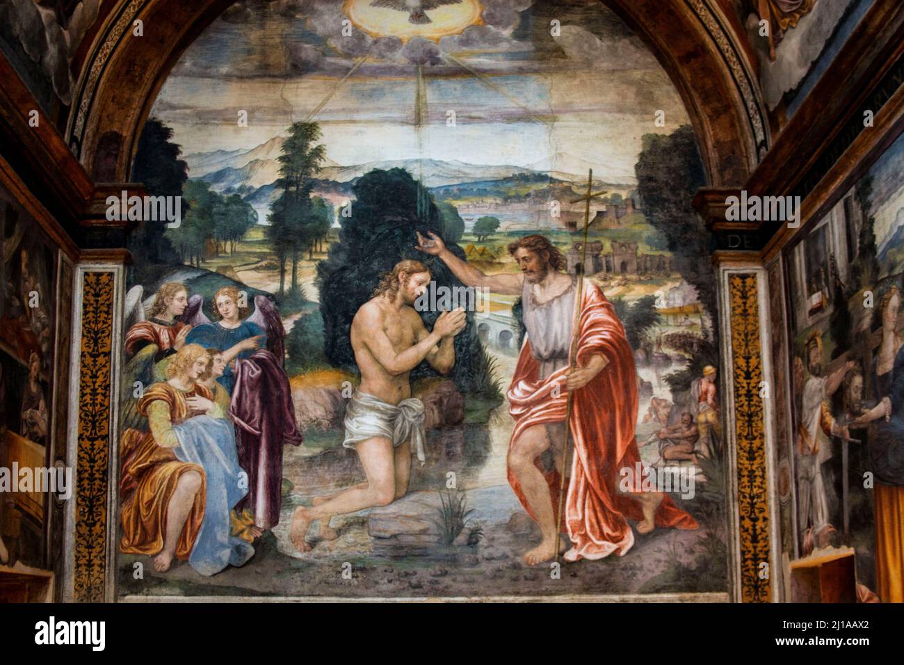 Milano, Lombardia, Italia, Europa. Chiesa di San Maurizio al Monastero maggiore. Evangelista Luini con Biagio e Giuseppe Arcimboldi - Battesimo di Cristo (1545) Cappella di San Giovanni Battista o Carreto. Foto Stock