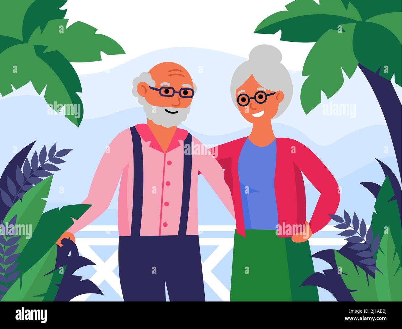 Felice coppia anziana in piedi insieme e abbracciare. Palme, vacanze, uomo anziano e donna flat vettore illustrazione. Amore, concetto di relazioni per Illustrazione Vettoriale