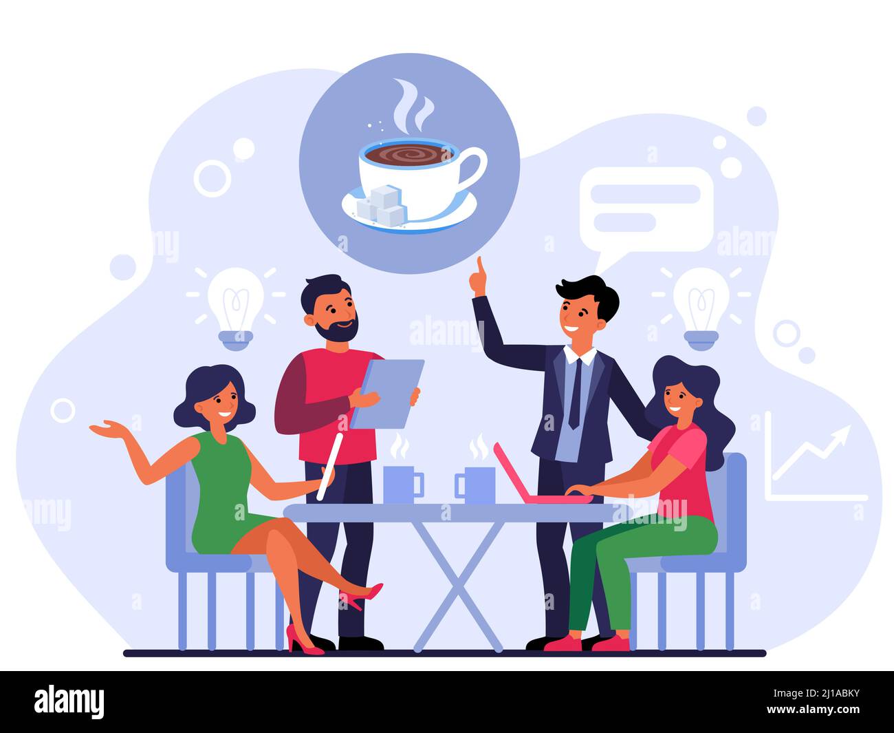 Fare ordine nella caffetteria. Gruppo di persone a tavola con bevande calde e cameriere piatto illustrazione vettoriale. Incontro, pausa caffè, concetto di amicizia f Illustrazione Vettoriale