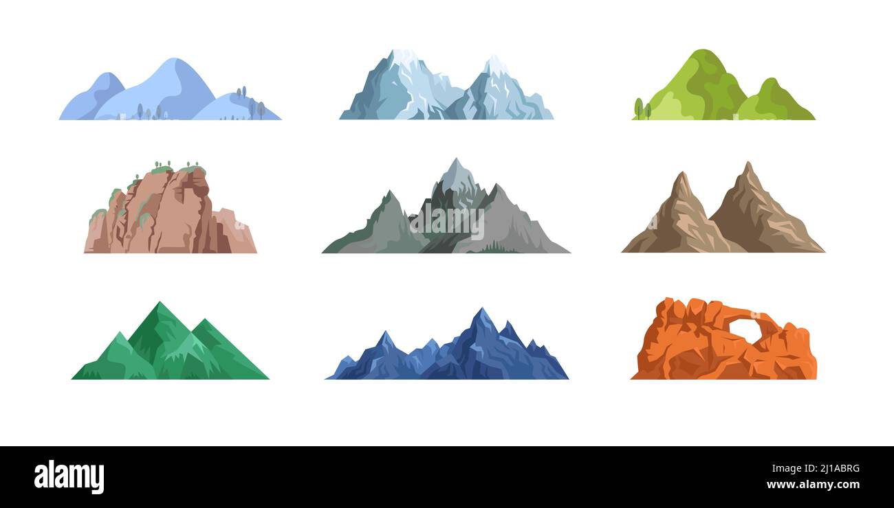 Montagne e rocce insieme di icone piatte. Cartoon montagne innevate, picchi, cime colline insieme di illustrazioni vettoriali. Paesaggio e natura concetto Illustrazione Vettoriale