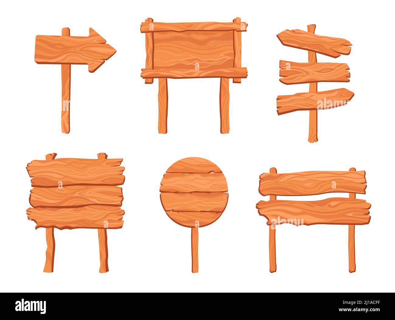 Set rustico di cartelli in legno. Cartoni animati, puntatori di direzione, cartelli, frecce e cartelli. Illustrazione vettoriale per segnaletica stradale grunge, via, naviga Illustrazione Vettoriale