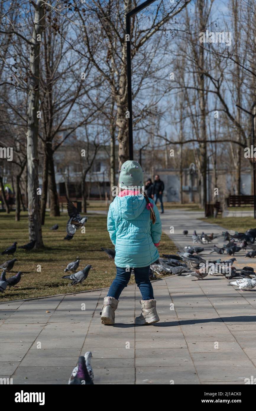 Ragazza in età prescolare in una giacca blu gira intorno a se stessa di fronte a un gregge di colombe cittadine. Ritratto di un bambino di cinque anni con spirali lunghe Foto Stock