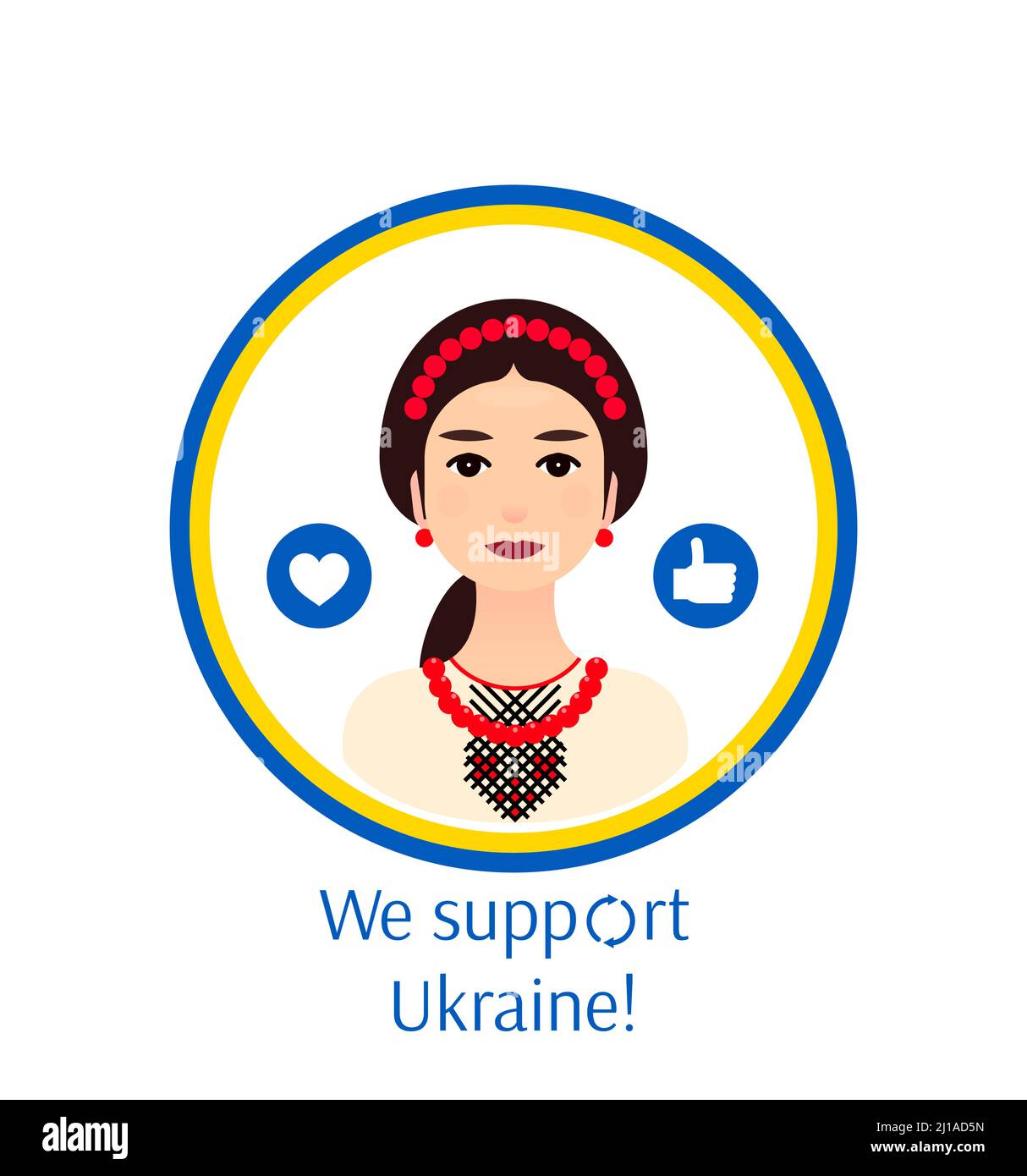 Una ragazza ucraina in abiti ucraini nazionali sull'emblema sosteniamo l'Ucraina - concetto di design per il supporto nei media e social network come Illustrazione Vettoriale