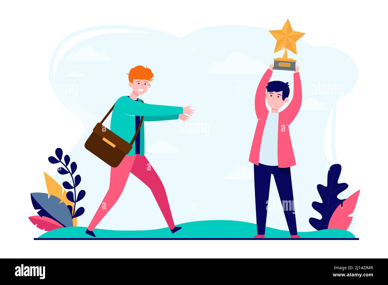 Giovani con premio stellare. Vincere, ottenere, sfidare flat vettore illustrazione. Stile di vita e concetto di successo per banner, sito web o terra Illustrazione Vettoriale