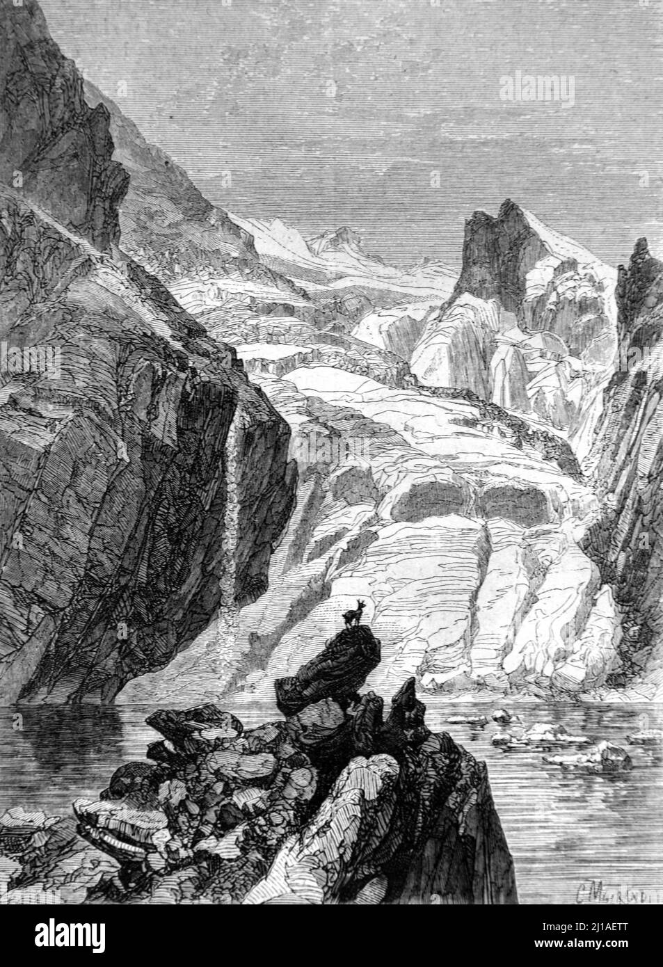 Lac de l'Eychauda o Lago Eychauda e il ghiacciaio Séguret Foran alias ghiacciaio Eychauda a Valloise-Pelvoux nel Parco Nazionale degli Ecrins Alpi francesi Hautes-Alpes Francia. Illustrazione o incisione vintage 1860. Foto Stock