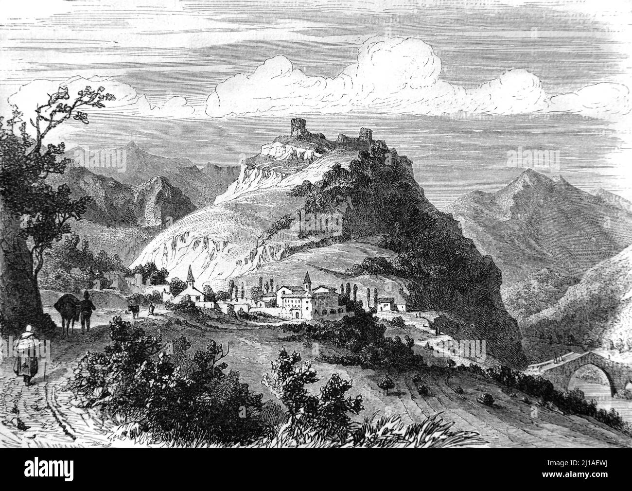 Villaggio di Sainte Croix en Diois e le rovine di Chateau de Quin (c Drôme) o le Torri di Quin Francia. Illustrazione o incisione vintage 1860. Foto Stock