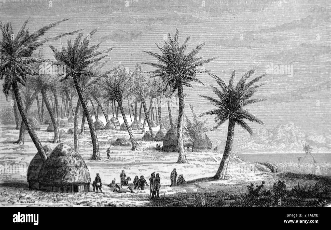 Villaggio di Mrima o Villaggio di Wamrima nella costa di Mrima o nella regione costiera dell'Africa orientale in Tanzania di fronte a Zanzibar. Illustrazione o incisione vintage 1860. Foto Stock