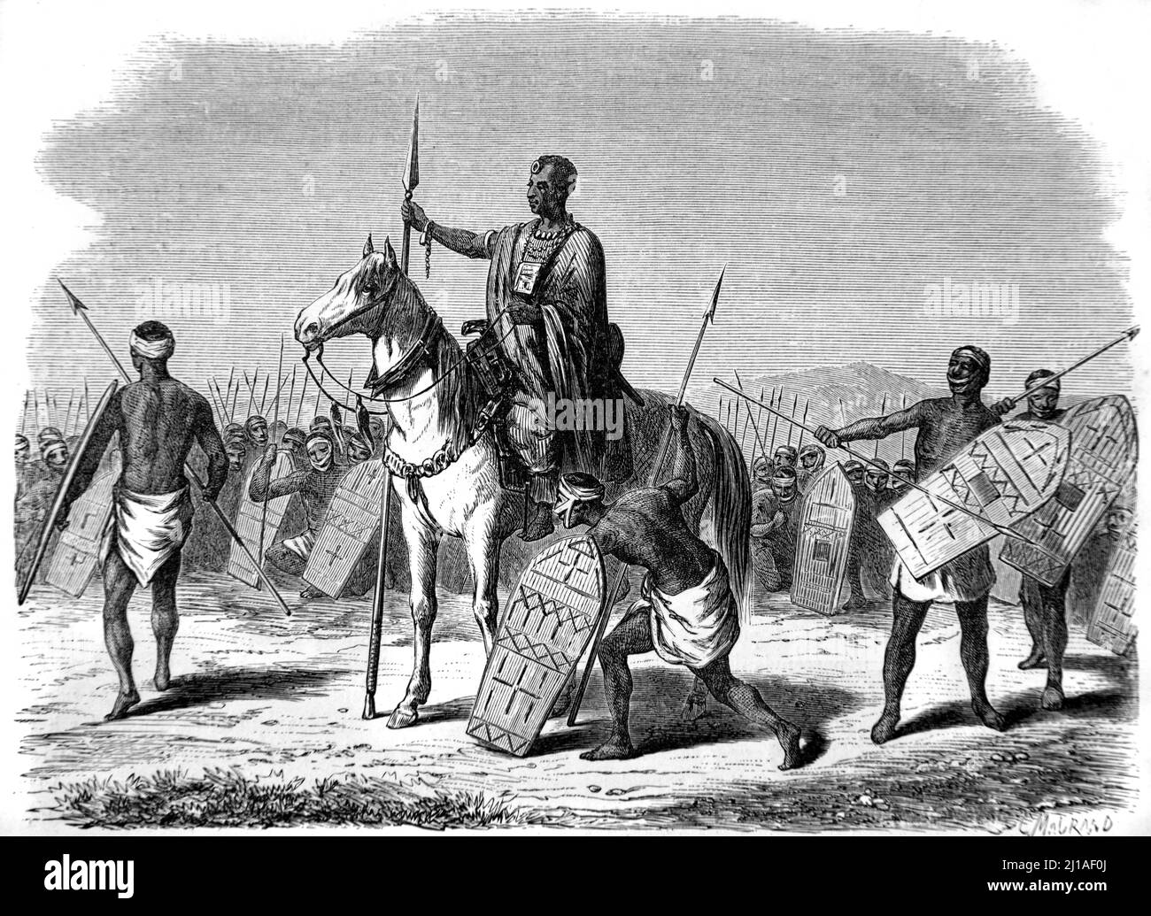 Kanembu Capo e Guerrieri o soldati con Spears e Shields durante l'Impero Kanem-Bornu nell'Africa nord-centrale, ora Ciad, Africa. Illustrazione o incisione 1860. Foto Stock