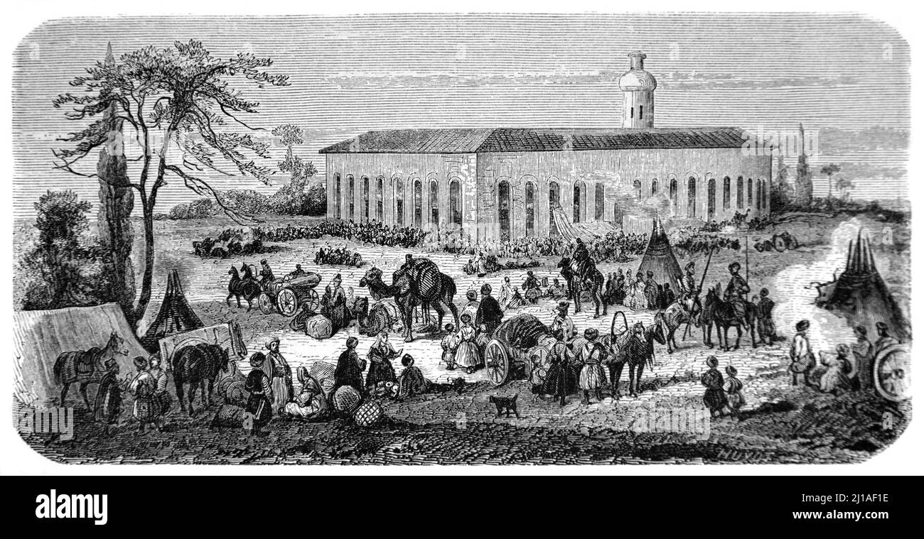 Vista anticipata o vista storica del mercato di strada in Nerchinsk Russia. Illustrazione o incisione 1860. Foto Stock