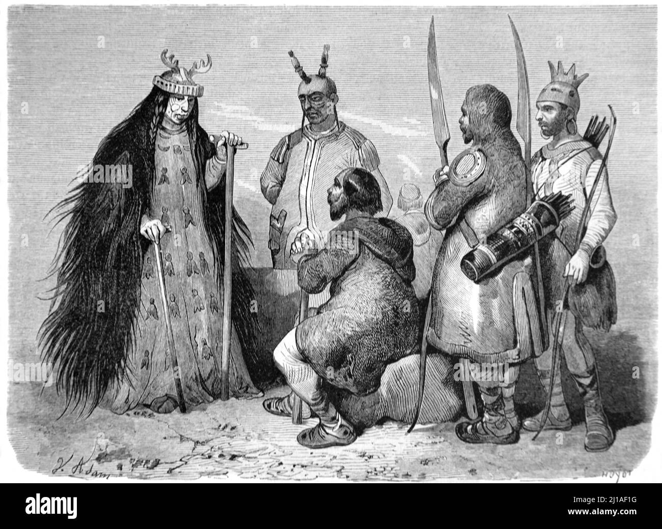 Tungusic o Evenk Sorcerer e Evenk persone o indigeni della Siberia Russia & Nord Asia. Illustrazione o incisione 1860. Foto Stock