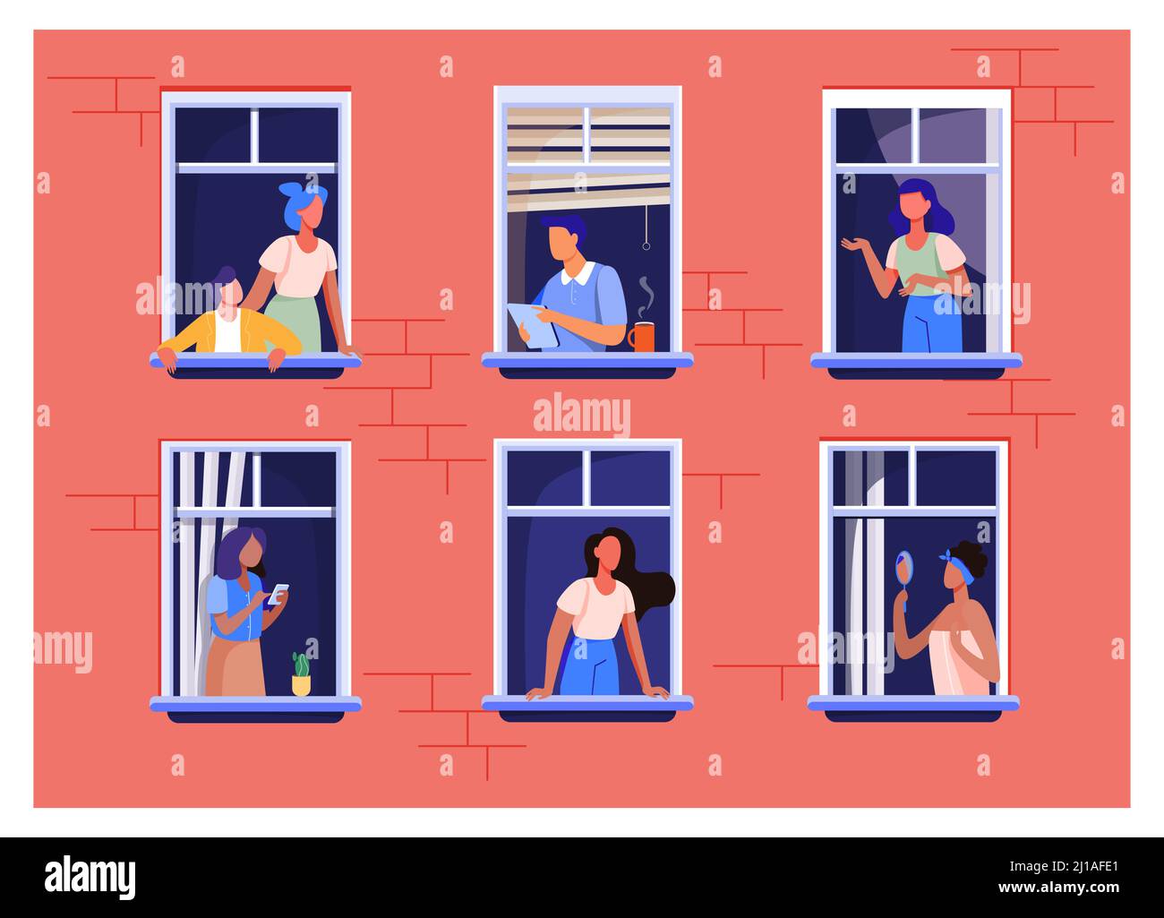 Appartamento edificio con persone in spazi finestre aperte. Vicini bere caffè, parlare, utilizzando la cella. Illustrazione vettoriale per blocco di piatto, condo, ne Illustrazione Vettoriale