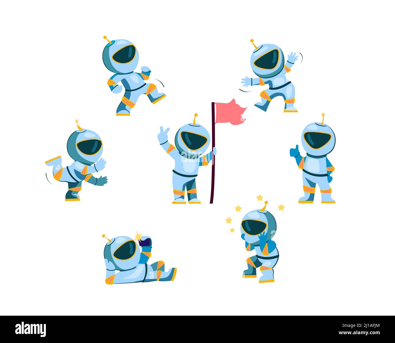 Set di caratteri astronauti. Spaceman del cartone animato che indossa la bandiera di regolazione del vestito dello spazio, camminando, ballando, mostrando come. Illustrazione vettoriale per esplorazioni spaziali, gala Illustrazione Vettoriale