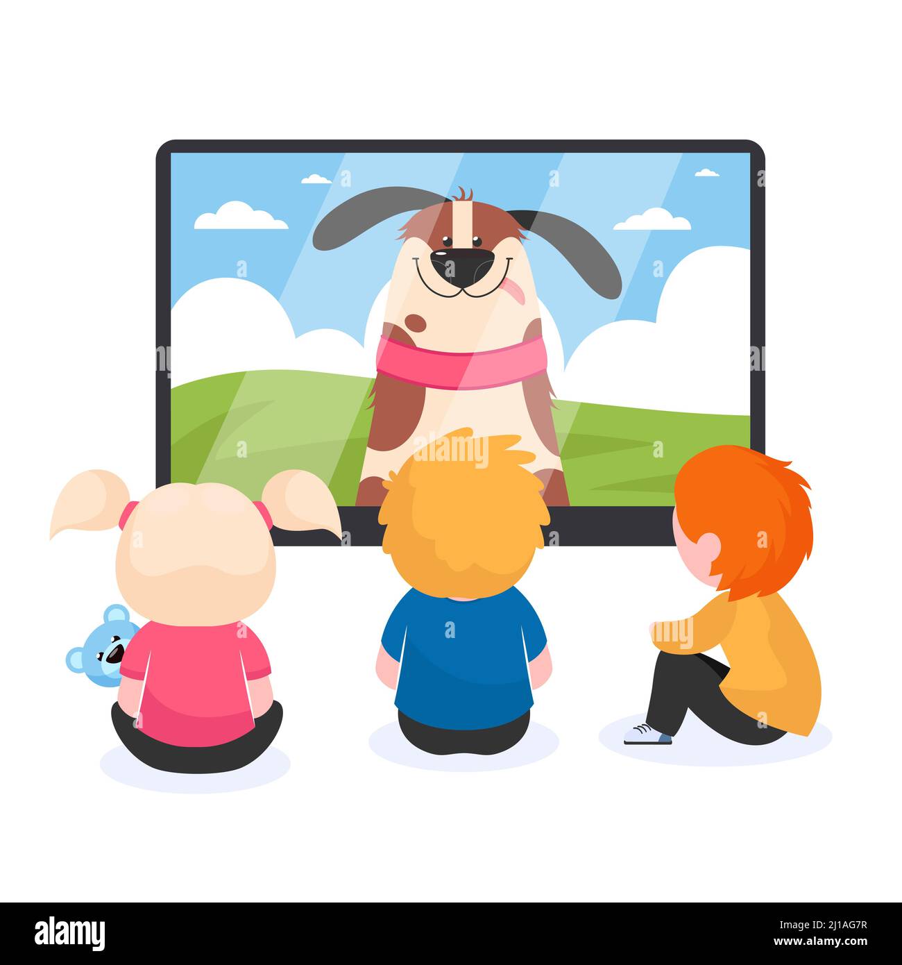 Bambini che guardano la TV piatto immagine vettoriale. I bambini si siedono  vicino allo schermo della televisione e guardano film o film cartoni animati.  Tecnologia e intrattenimento co Immagine e Vettoriale -