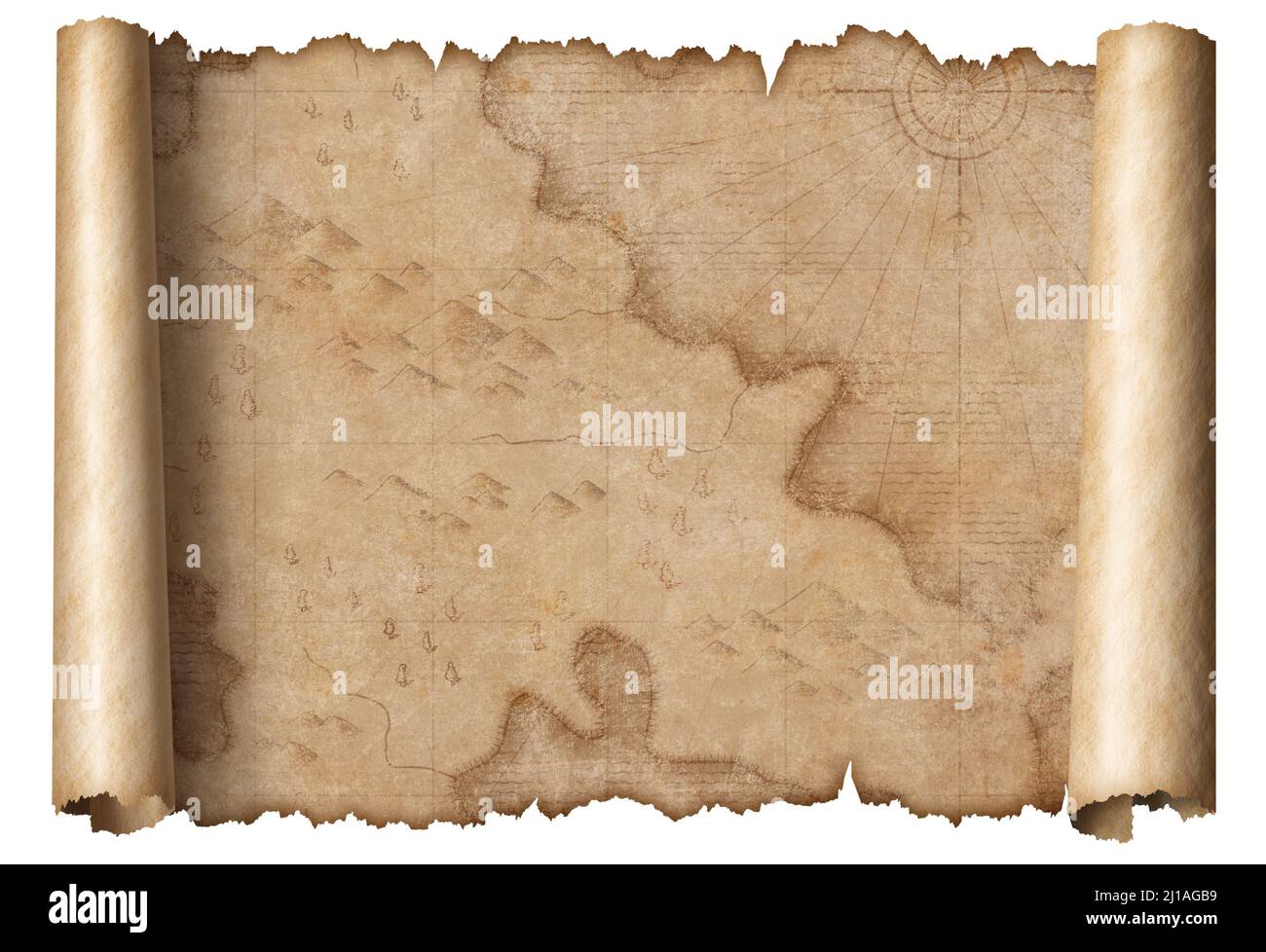 mappa medievale dei pirati nautici con tesori nascosti scroll isolato Foto Stock