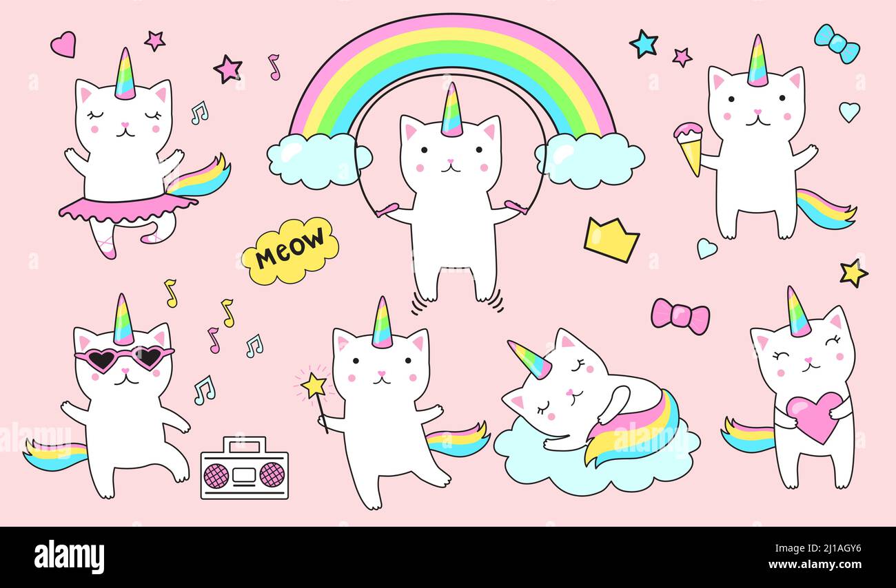Carino unicorn gatti piatto icona set. Cartoon divertente personaggio kitty con nuvole e arcobaleni isolato vettore illustrazione raccolta. Animale e capretti doodl Illustrazione Vettoriale