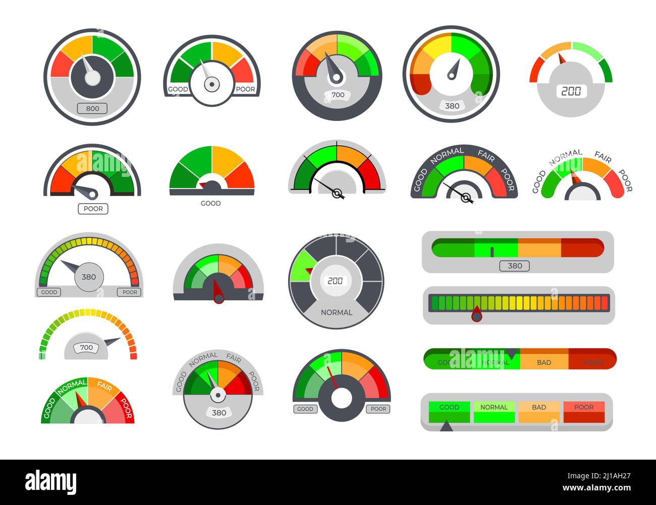 Indicatori del limite di credito. Indicatori di punteggio, scale del tachimetro con frecce, livello del tetto del prestito, misuratore di rating finanziario. Set di illustrazioni vettoriali per finanza Illustrazione Vettoriale