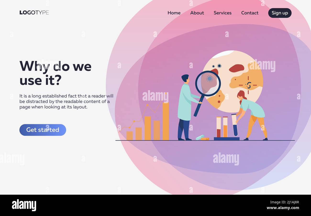 Scienziati che studiano virus in laboratorio. Medici che utilizzano l'analisi di batteri microscopici, campioni in provette di vetro, grafici. Illustrazione vettoriale piatta per ep Illustrazione Vettoriale