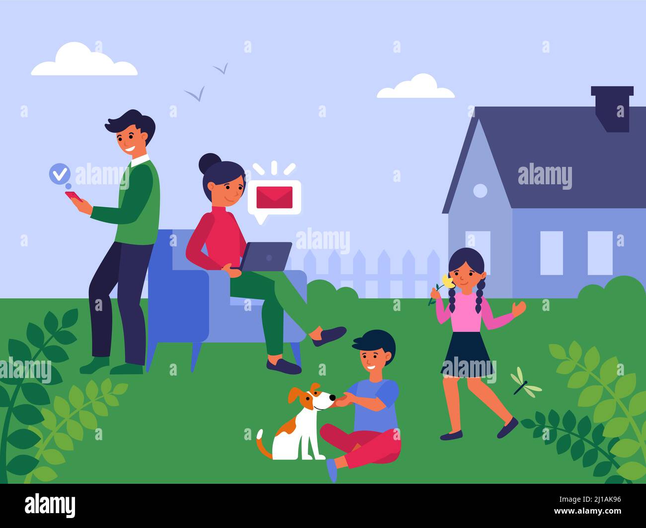 La famiglia trascorre il tempo libero insieme in giardino. Genitori, bambini, cane, utilizzando gadget flat vettore illustrazione. Comunicazione, lavorare a casa concetto per Illustrazione Vettoriale