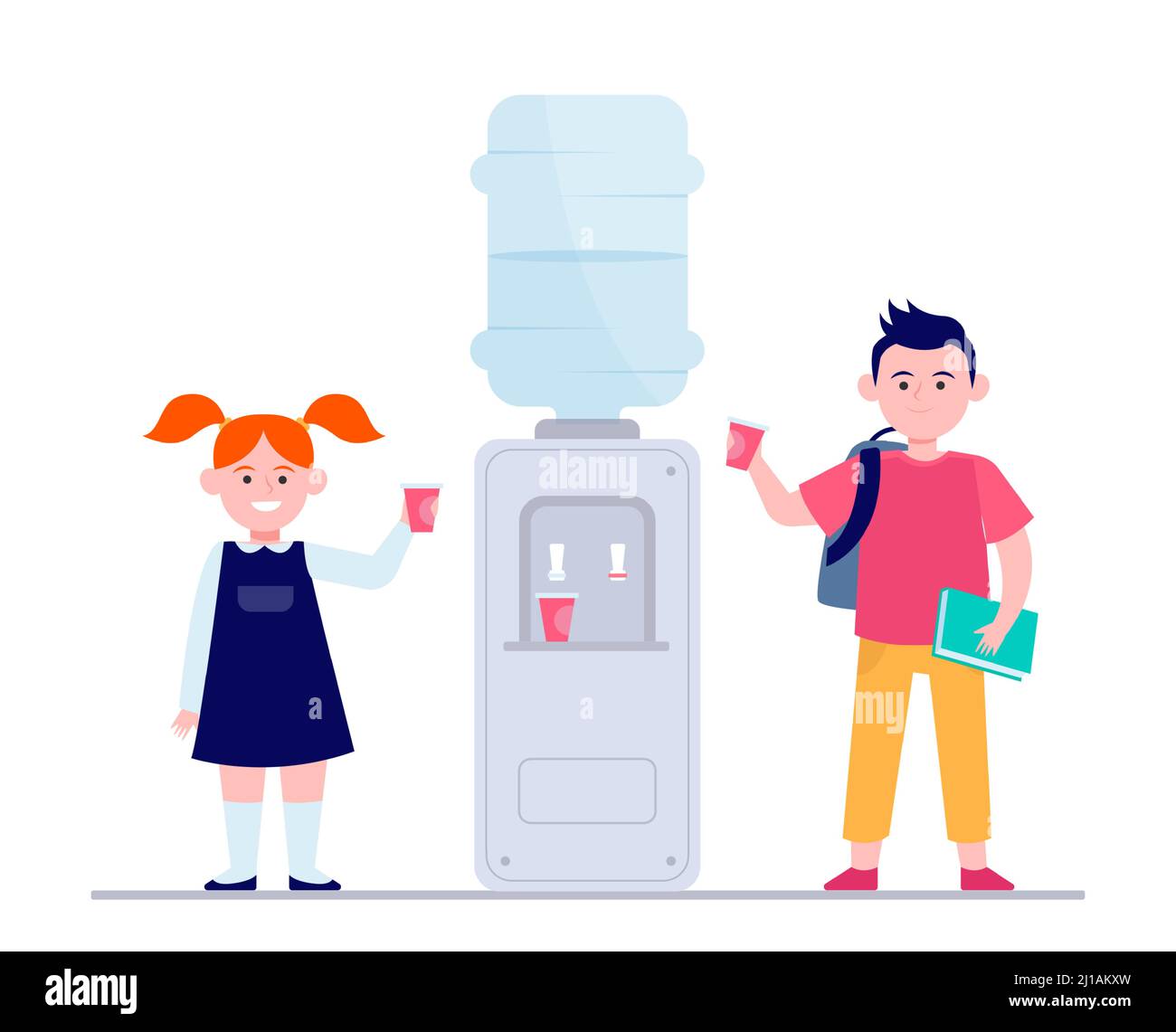 Felici i bambini che bevono acqua al radiatore. Studenti, ragazzo e ragazza, corridoio scuola flat vettore illustrazione. Bevande, rinfreschi, concetto di refrigeratore d'acqua f Illustrazione Vettoriale