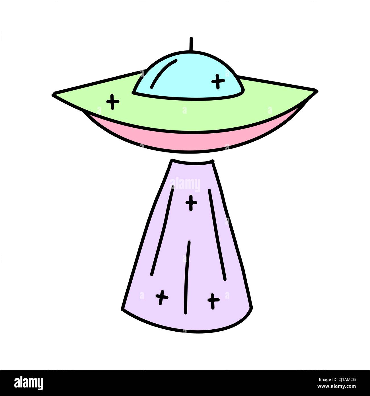 Piattino Vector Green e Pink Flying in stile piatto. Adesivo UFO in stile bambini. Illustrazione Vettoriale