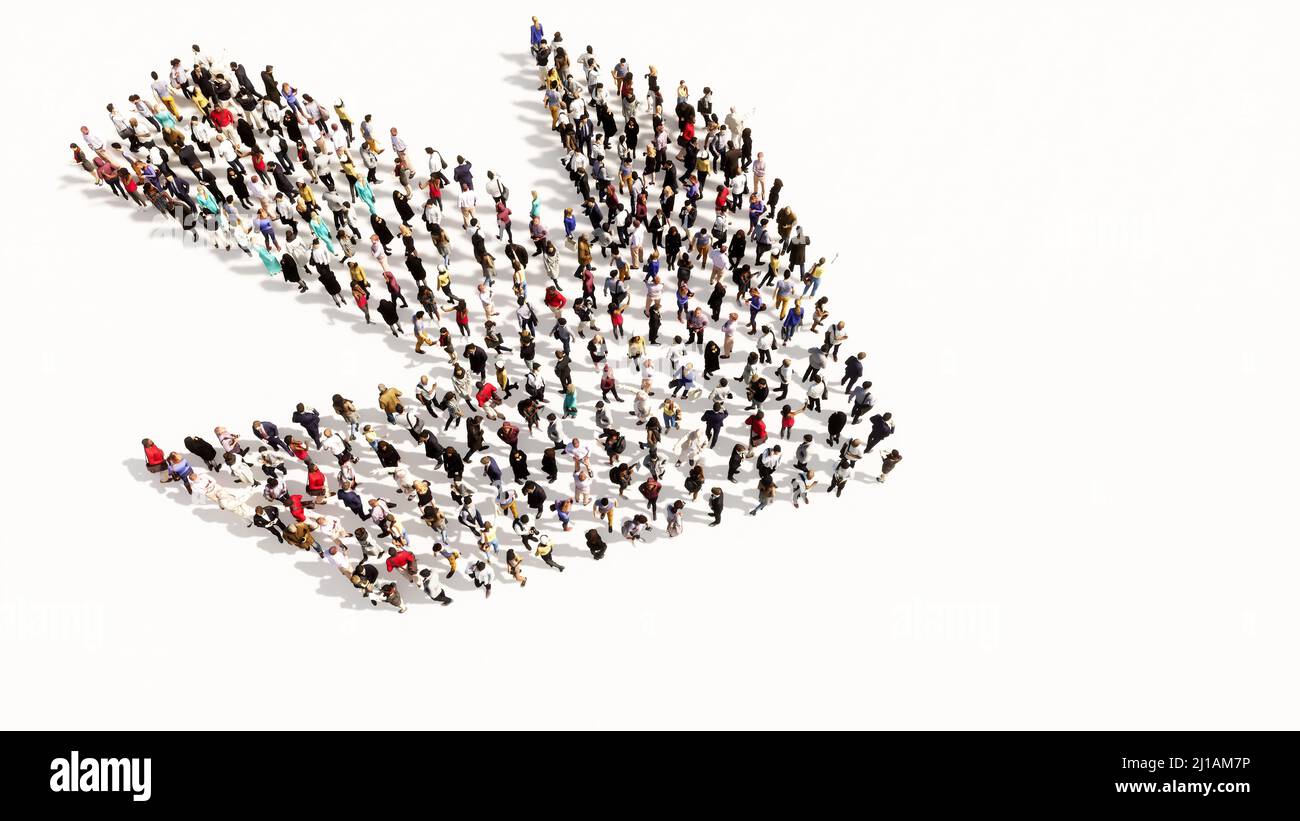 Concetto concettuale grande comunità di persone che formano il cartello stradale. metafora dell'illustrazione 3d per navigazione, strategia, viaggio, guida, scelta Foto Stock