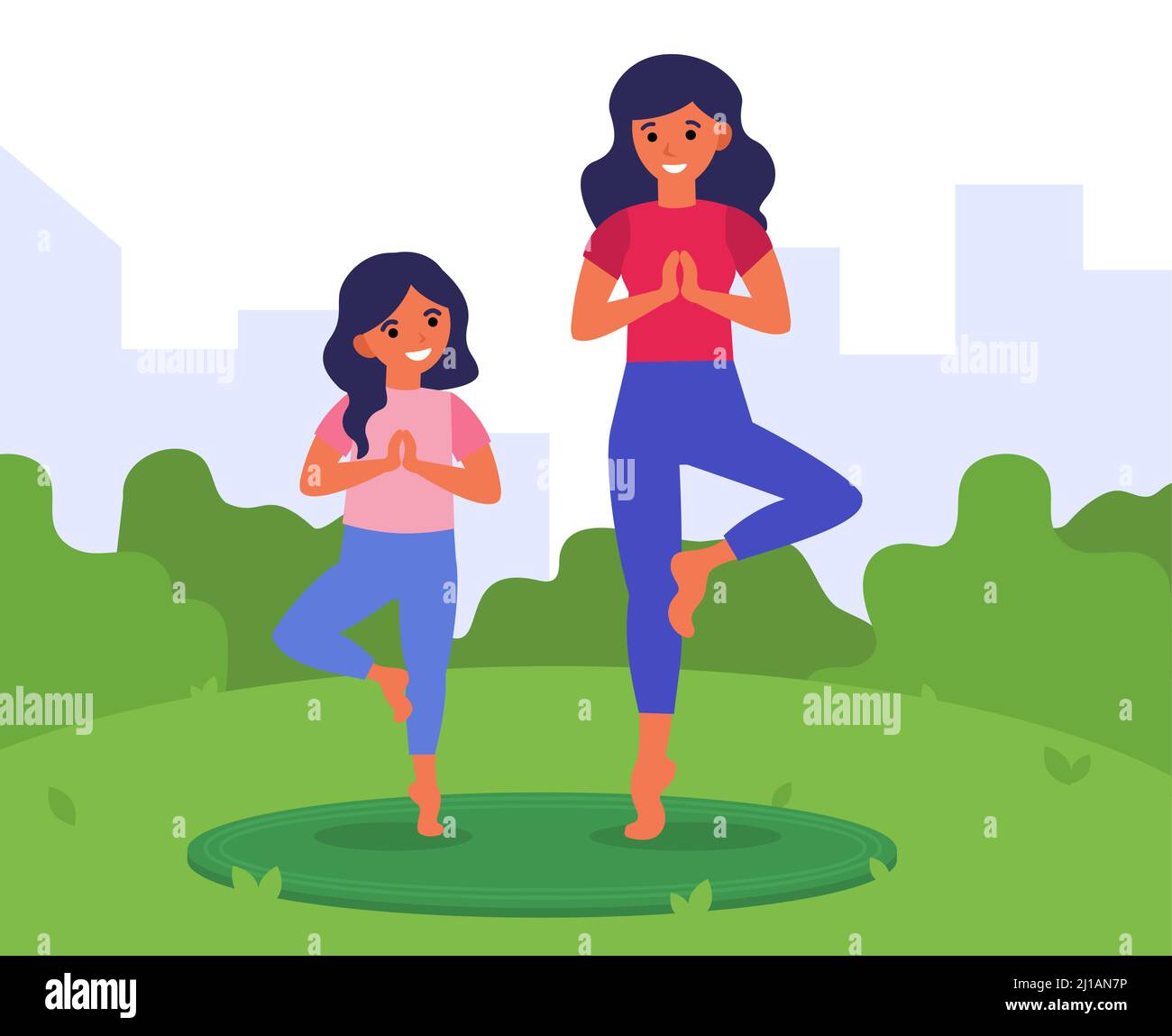 Stile di vita sano, fitness per la famiglia, concetto di svago. Madre e figlia si allenano all'aperto insieme, praticando yoga nel parco. Donna e ragazza enjoyi Illustrazione Vettoriale