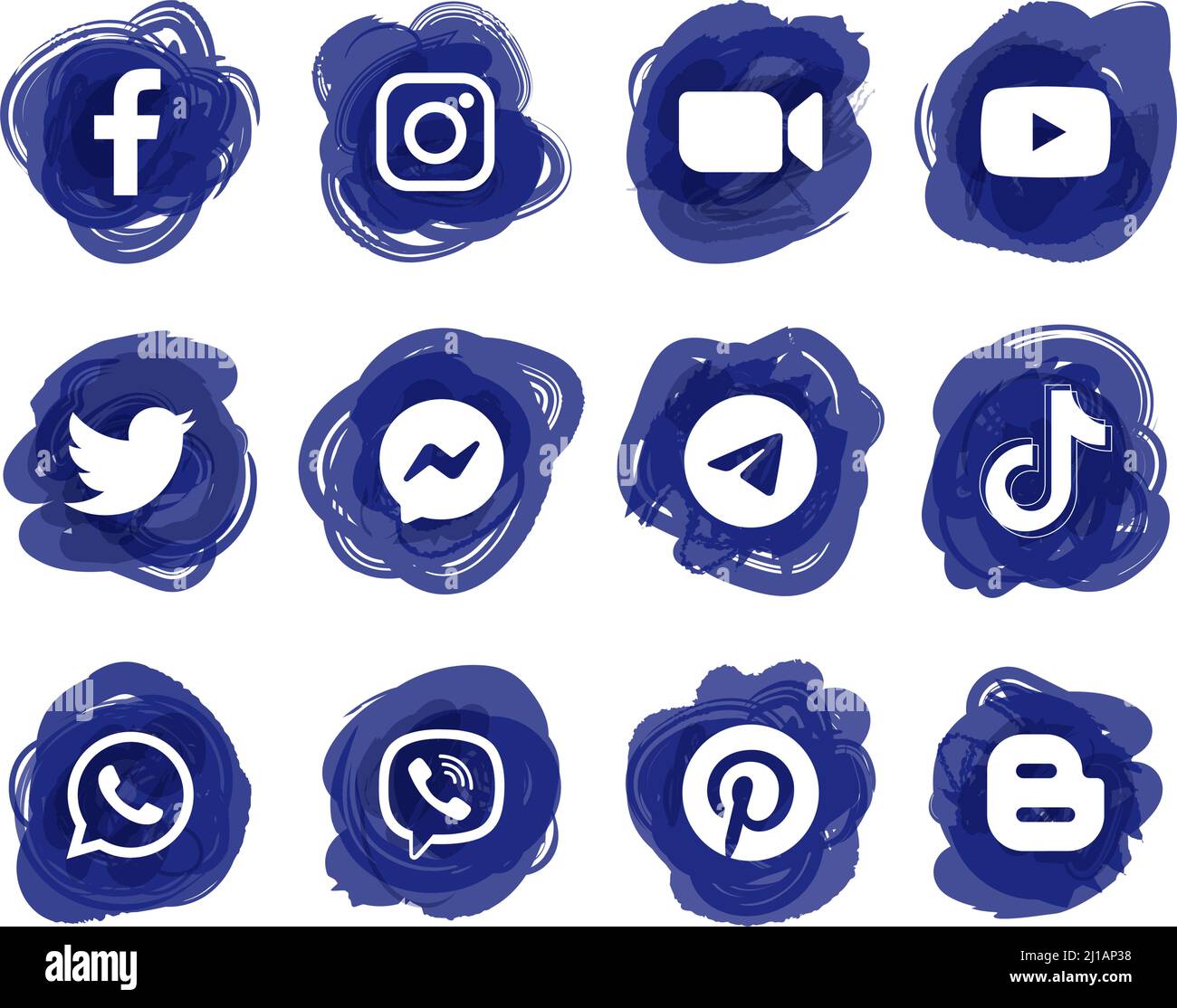 Kiev, Ucraina - 03 luglio 2021: Popolare social media blu inchiostro gocce icone, stampato su carta: Facebook, Twitter, Instagram, Tiktok, YouTube, e altri. Illustrazione Vettoriale