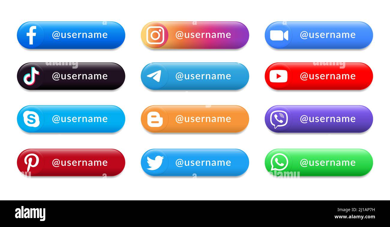 Kiev, Ucraina - 03 luglio 2021: Set di pulsanti virtuali con icone di Social Media e Mobile Apps: Facebook, Twitter, Instagram, YouTube, TikTok, Vi Illustrazione Vettoriale