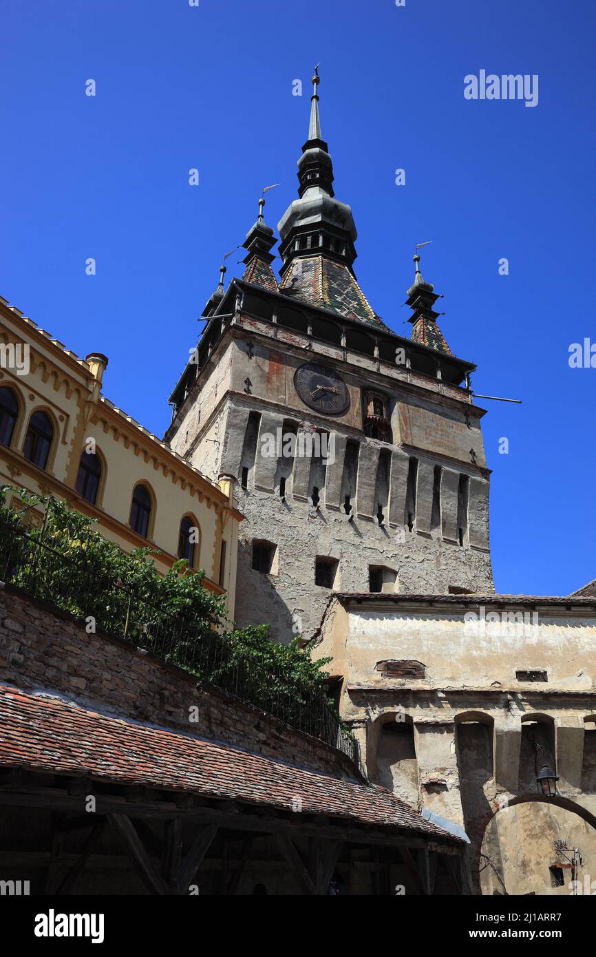 Der Stundturm, Turnul cu Ceas, Sighisoara, Schäßburg, Saxoburgum, im Kreis Mures in Siebenbürgen, Rumänien. Ihr Historisches Zentrum wurde 1999 zum Onu Foto Stock