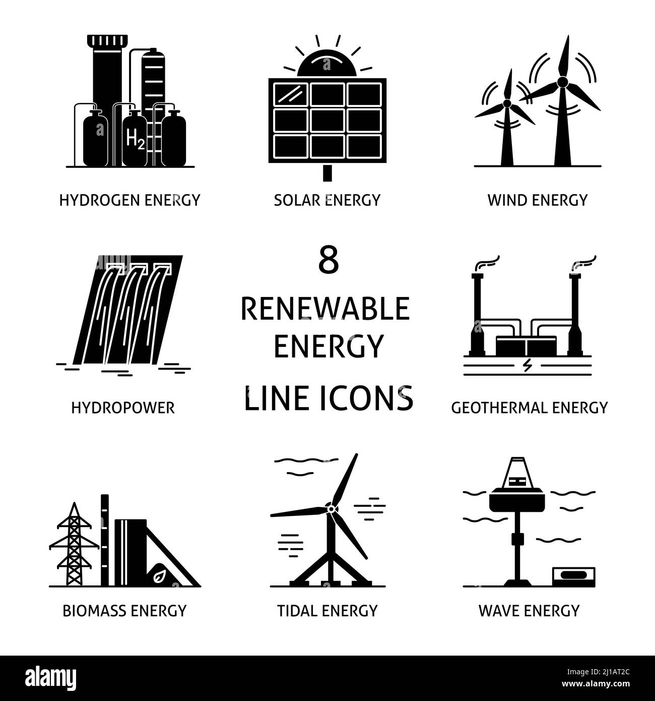 Collezione di icone di silhouette a energia rinnovabile. Diversi tipi di fonti di energia elettrica ecologica in simboli di stile piatto. Illustrazione Vettoriale