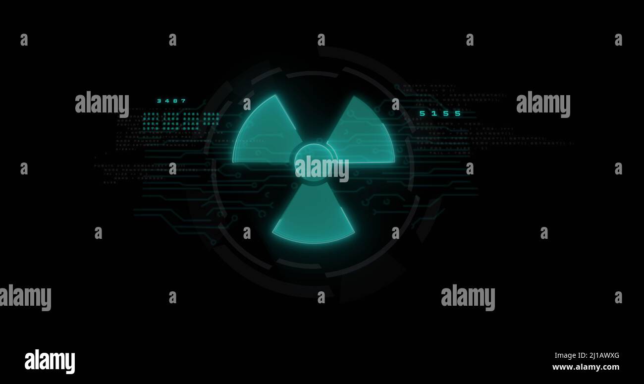 Immagine del segno nucleare verde e dell'elaborazione dei dati con friciolle su sfondo nero Foto Stock