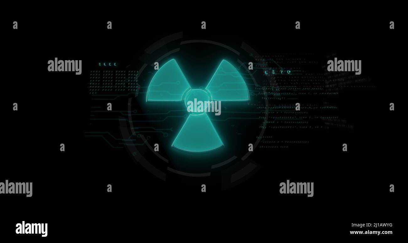 Immagine del segno nucleare verde e dell'elaborazione dei dati con friciolle su sfondo nero Foto Stock