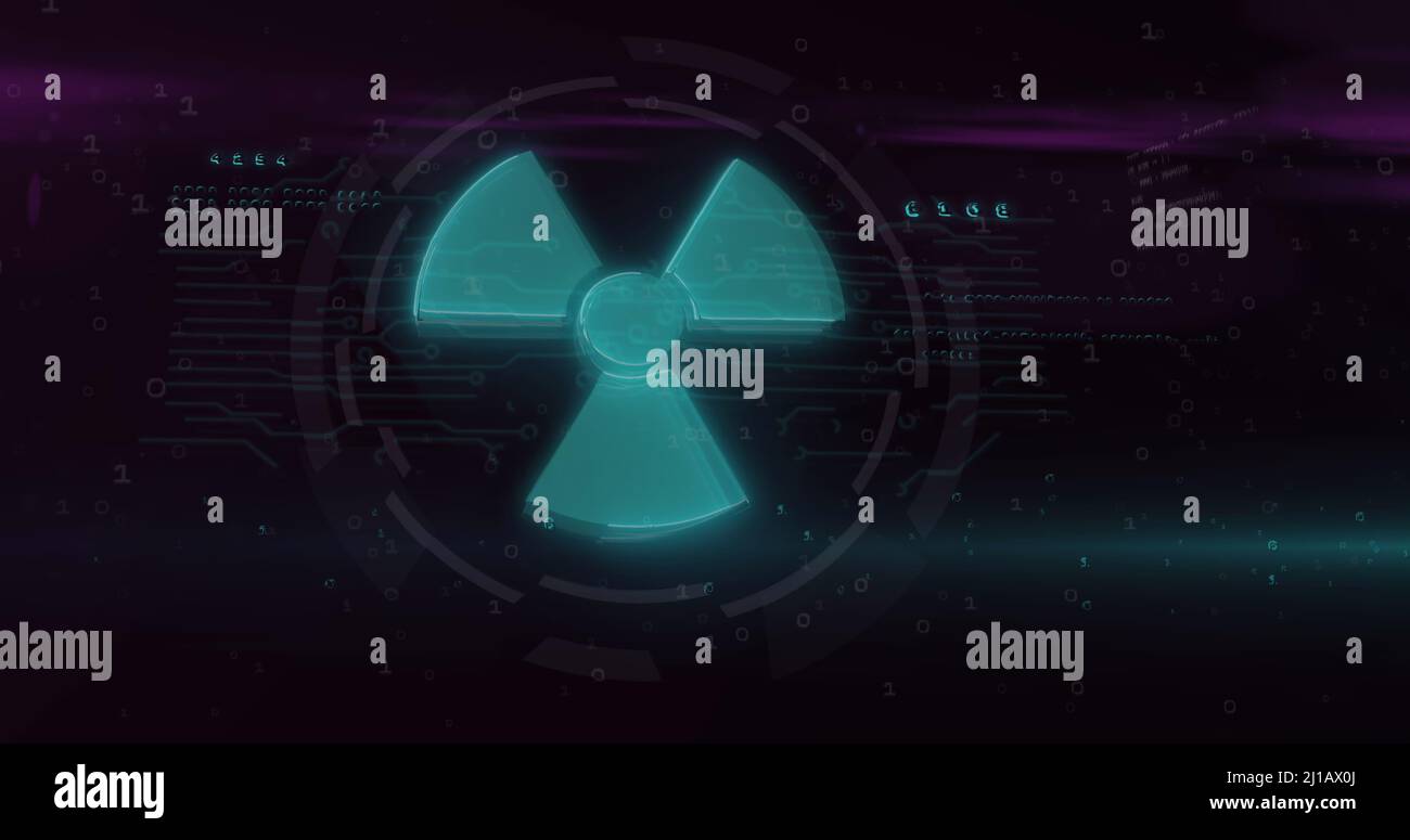 Immagine del segno nucleare verde e dell'elaborazione dei dati con friciolle su sfondo nero Foto Stock