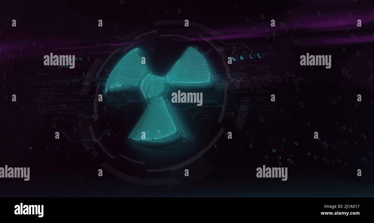 Immagine del segno nucleare verde e dell'elaborazione dei dati con friciolle su sfondo nero Foto Stock