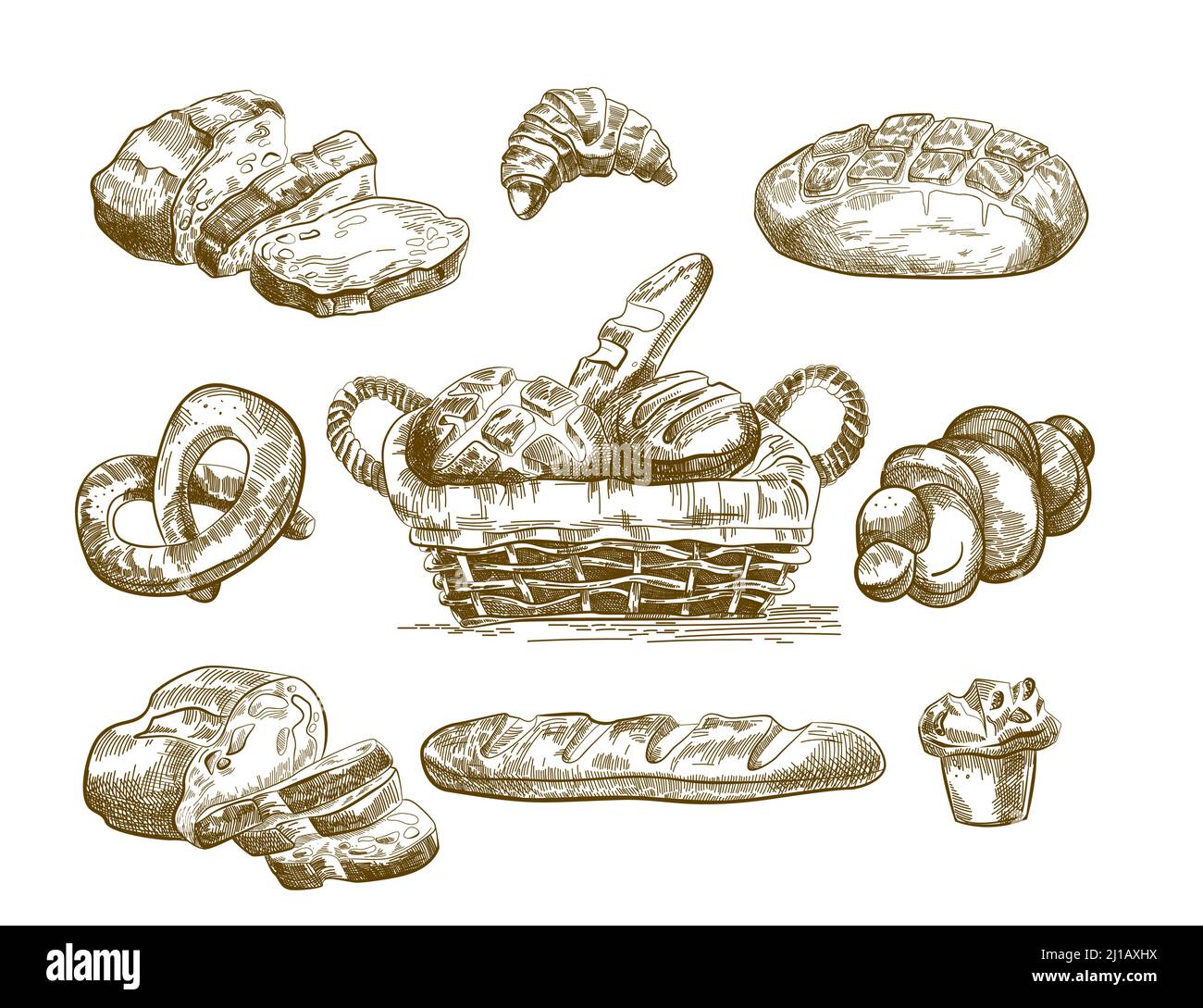 Schizzi di prodotti da forno disegnati a mano. Pane fresco, loafs in cesto, panini, pretzel, cupcake. Set di illustrazioni vettoriali per panetteria, cibo gustoso fatto in casa, passato Illustrazione Vettoriale