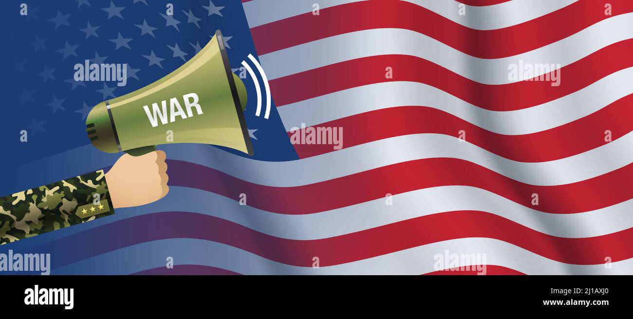 I soldati tengono a mano il corno con il segno DI GUERRA sullo sfondo della bandiera degli Stati Uniti. Disegno americano vettore banner. Illustrazione Vettoriale