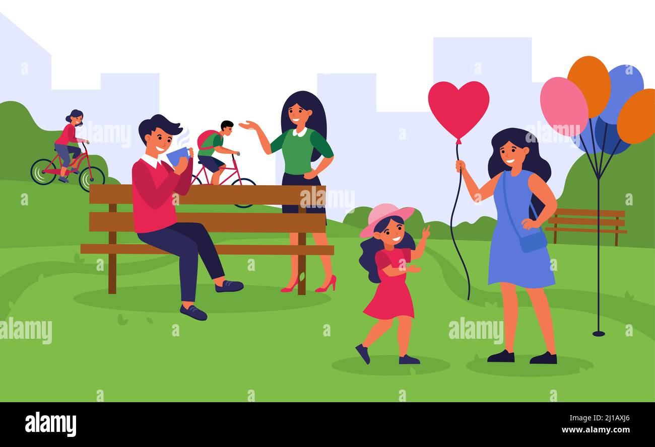 Persone che trascorrono del tempo nel parco pubblico. Donna che parla con l'uomo che beve caffè, madre che cammina con la figlia piatta illustrazione vettoriale. Concetto di fine settimana per Illustrazione Vettoriale