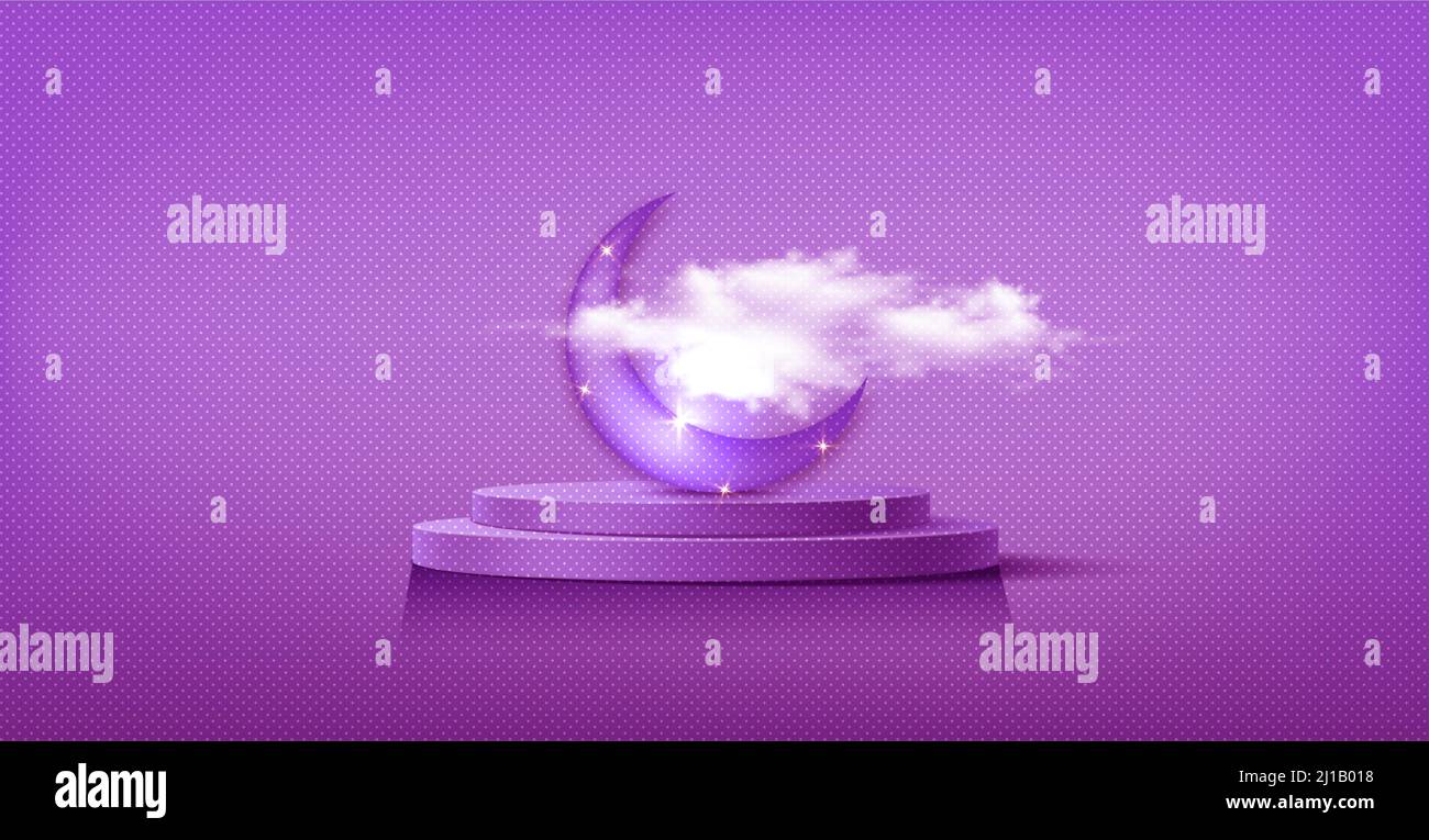 Podium islamico di lusso con luna crescente simboli islamici tradizionali. 3D Banner arabo orizzontale per vetrina prodotti, presentazione prodotti, cosmetici Illustrazione Vettoriale