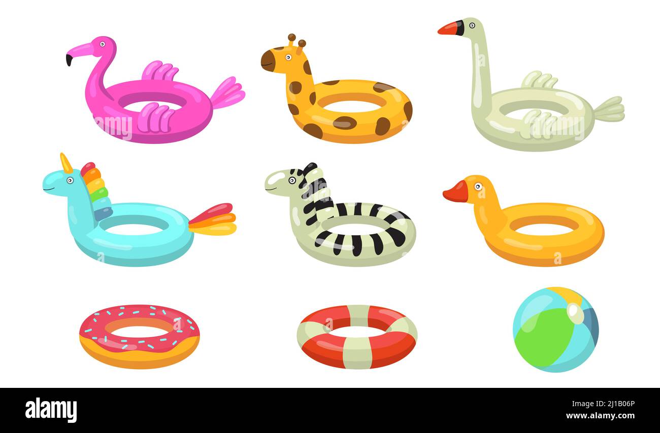 Set di icone piatte per gli anelli da nuoto. Cartoon gomma galleggiante salvavita in forma di ciambelle, fenicotteri, anatra o animale isolato vettore illustrazione raccolta. S Illustrazione Vettoriale Set di icone piatte per gli anelli da nuoto. Cartoon gomma galleggiante salvavita in forma di ciambelle, fenicotteri, anatra o animale isolato vettore illustrazione raccolta. S Illustrazione Vettoriale