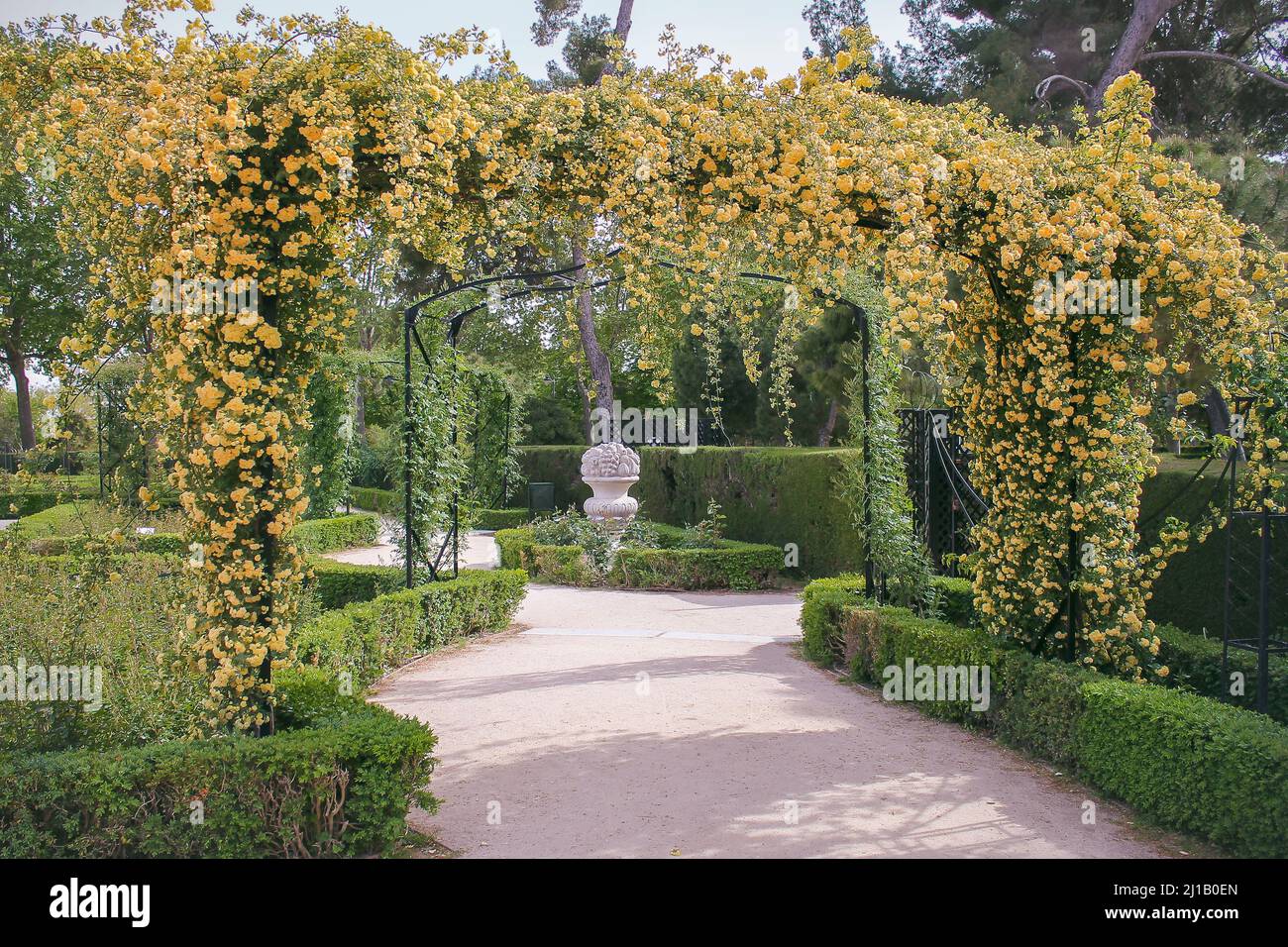 Luogo per una cerimonia nuziale, decorato con archi floreali di rose Foto Stock